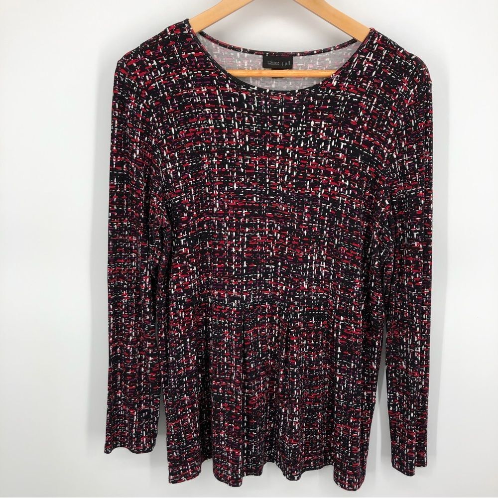 J. Jill Wearever Collection Shirt Womens Medium Flared‎ Red Artsy Abstract